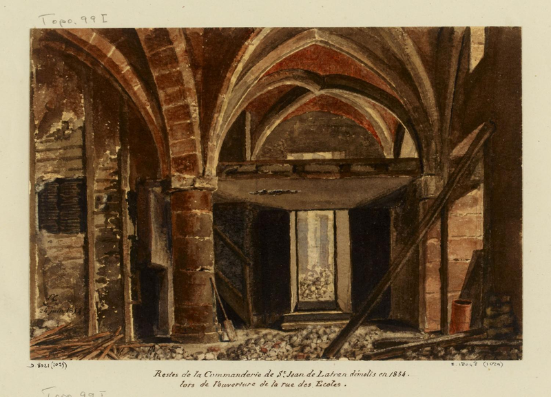 Fichier:1854 Henri Leymonnerye, restes de la commanderie de St Jean de Latran, démolie lors de l'ouverture de la rue des écoles 24 juin 1854.png