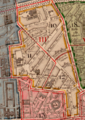 Sur fond ocre : la partie Sud du 3ème arrondissement de Paris (1795-1859) et ses trois districts (anciennes sections).